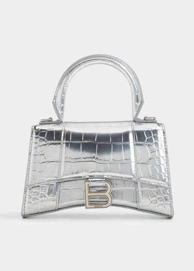 Shop Balenciaga Hourglass Xs Metallic Satchel Bag In Silver