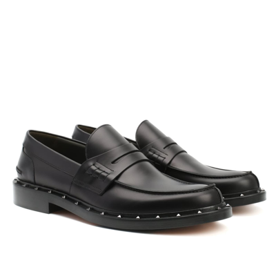 Shop Valentino Leather Penny Loafers In Black