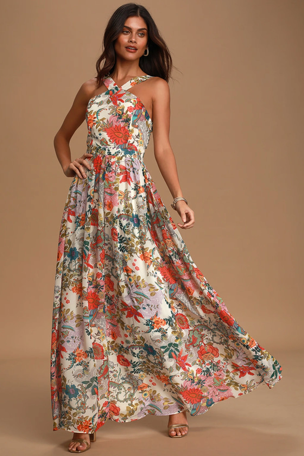 Lulus Lilja Cream Floral Print Maxi Dress In Beige | ModeSens