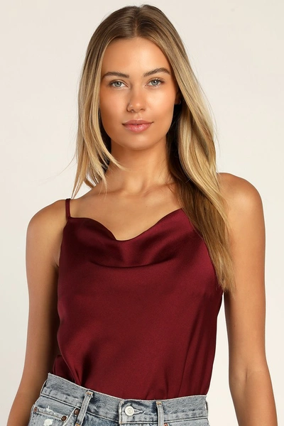 Shop Lulus Emmerson Burgundy Satin Sleeveless Cowl Neck Bodysuit