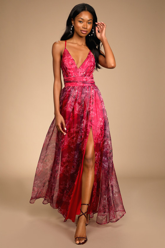 Lulus Romance That Wows Magenta Floral Print Organza Maxi Dress | ModeSens