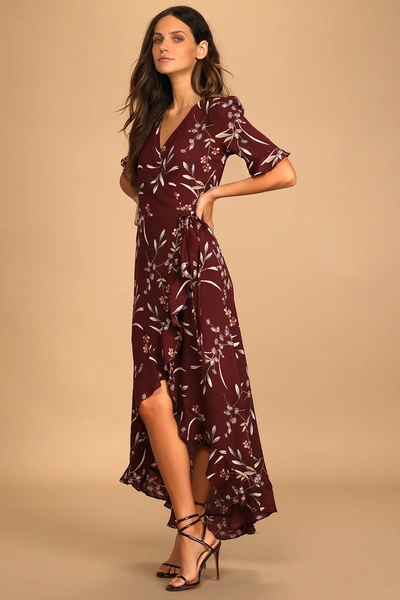 Shop Lulus Wild Winds Burgundy Floral Print High-low Wrap Dress