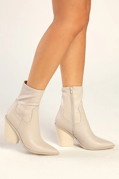 Shop Steve Madden Thorn Bone Leather Pointed-toe Mid-calf High Heel Boots In White