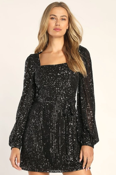 Lulus Festive Mood Black Sequin Long Sleeve Mini Dress In Black