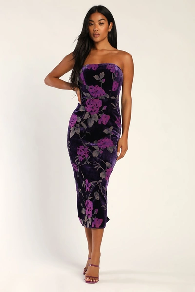 Shop Lulus Buy You Flowers Purple Floral Print Velvet Strapless Midi Dress