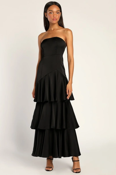 Lulus Blissfully Beautiful Black Satin Strapless Tiered Maxi Dress |  ModeSens