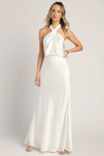 Lulus At The Halter White Satin Halter Neck Twist front Maxi Dress