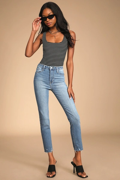 Shop Just Black Trend Takeover Medium Wash Denim Raw Hem Straight Jeans In Blue
