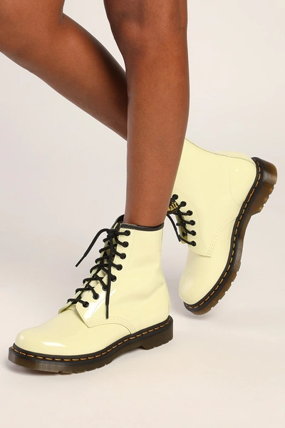 Shop Dr. Martens' 1460 W Toile Cream Patent Lamper Leather 8-eye High Heel Boots In White