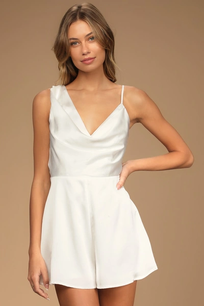 LULUS LIKELY LOVER IVORY SATIN ASYMMETRICAL COWL NECK ROMPER 