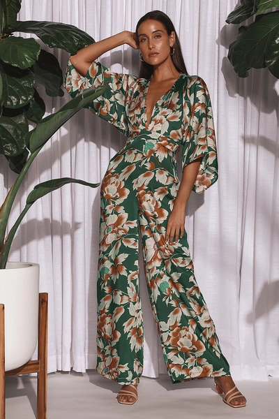 Lulus From Sunrise Teal Floral Print Bell Sleeve Wide-leg Jumpsuit In Teal