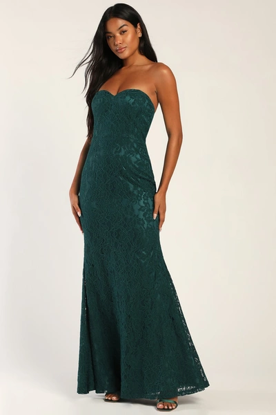 Lulus Wow The Crowd Emerald Green Lace Strapless Mermaid Maxi