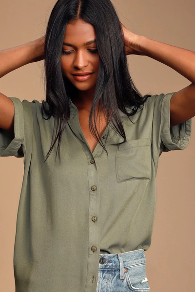 Lulus Blythe Olive Green Short Sleeve Button-up Top In Olive Green