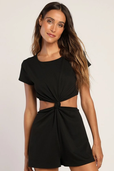Lulus Laid-back Lifestyle Black Knot-front Cutout Romper In Black