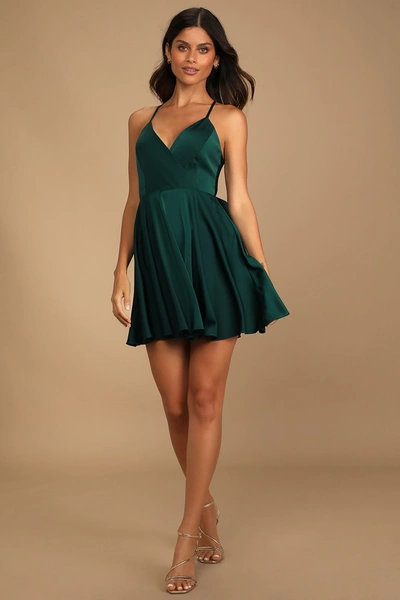 Lulus Add Some Glam Emerald Green Satin Tie-back Skater Dress | ModeSens