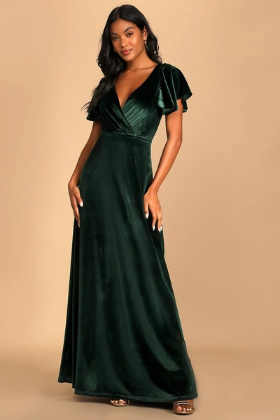 Lulus Absolutely Amazed Emerald Green Velvet Flutter Sleeve Maxi Dress In Emerald Green