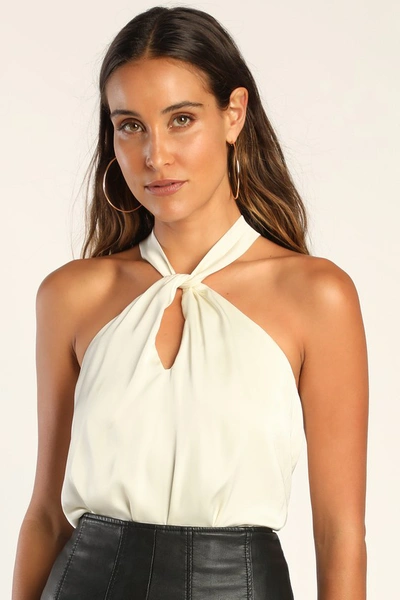 Lulus Posh Attitude Ivory Satin Knotted Halter Bodysuit In Ivory