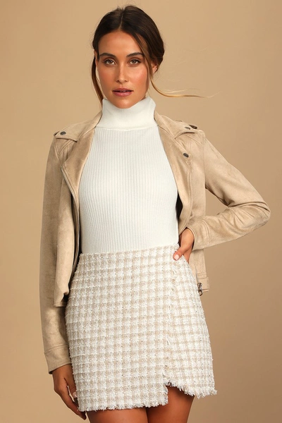 Lulus Preppy Reputation Ivory Plaid Tweed Faux-wrap Mini Skirt In Ivory