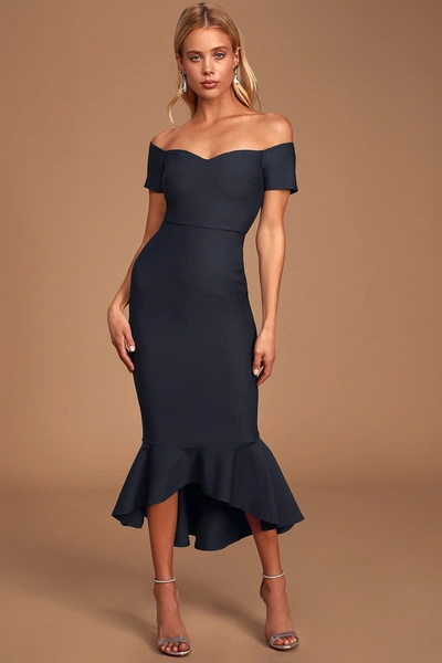 Lulus How Much I Care Off The Shoulder Dress In Midnight Blue