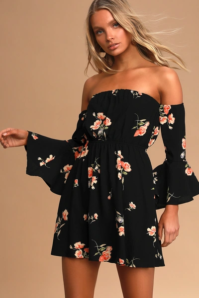 Lulus Lush Gardens Black Floral Print Off-the-shoulder Mini Dress In Black