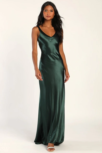 Lulus Perfectly Classy Emerald Green Satin Strappy Maxi Dress In Emerald Green