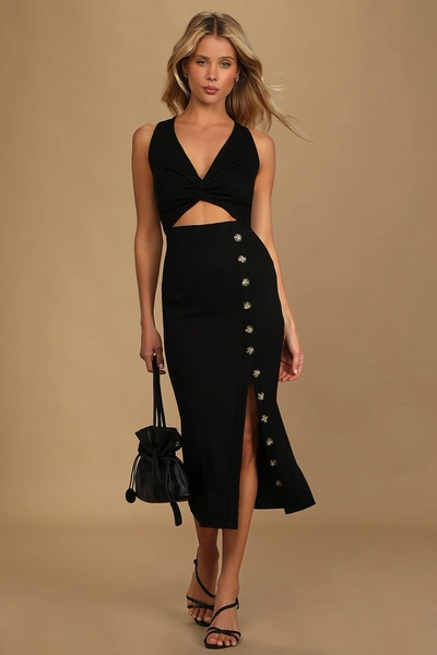 Lulus Trend Seeker Black Ribbed Twist-front Cutout Midi Dress In Black