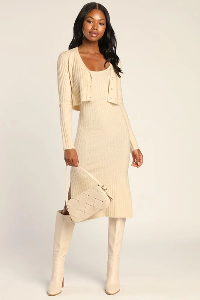Lulus Iconic Duo Cream Ribbed Knit Two piece Midi Sweater Dress In White ModeSens