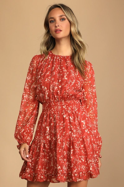 Lulus Too Cute Rust Red Floral Print Smocked Long Sleeve Mini