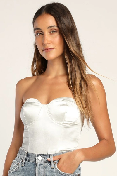 Sultry Sweetie White Strapless Satin Bustier Bodysuit