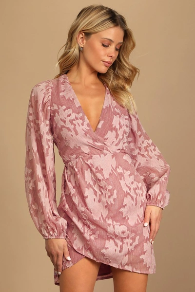 Lulus Meant To Shine Mauve Floral Jacquard Long Sleeve Mini Dress | ModeSens
