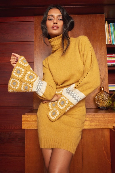 Lulus It's Groovy Mustard Yellow Multi Knit Turtleneck Sweater Dress |  ModeSens