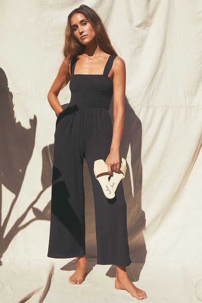 Lulus Social Calendar Black Ribbed Knit Wide Leg Jumpsuit In Black
