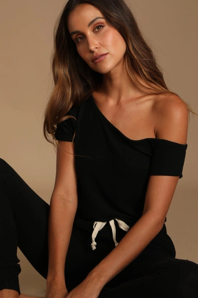 Lulus Relaxing Weekend Black Off-the-shoulder Lounge Jumpsuit In Black