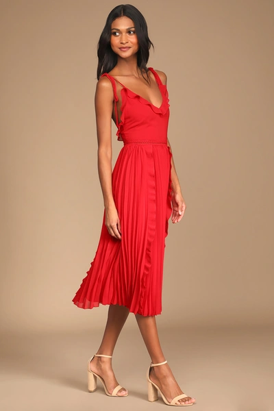 Lulus Never A Dull Moment Bright Red Tie-strap Pleated Midi Dress In Red