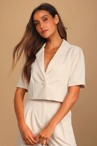 Lulus Posh Company Ivory Cropped Short Sleeve Blazer In Ivory