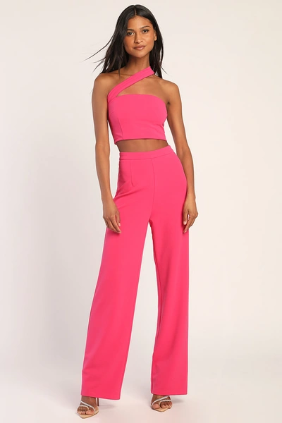 Lulus Flaunt It Like That Hot Pink One-shoulder Two-piece Jumpsuit In Hot Pink