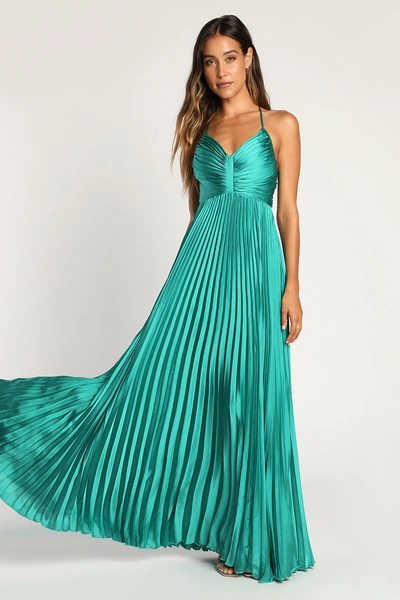 Lulus Dreaming In Color Green V-neck Pleated Satin Maxi Dress | ModeSens