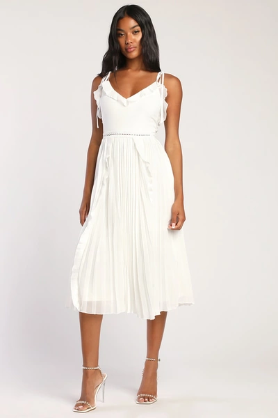 Lulus Never A Dull Moment White Tie-strap Pleated Midi Dress In White