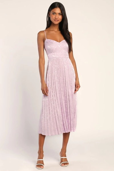 Shop Lulus Regal Romance Lavender Floral Jacquard Pleated Satin Midi Dress In Purple