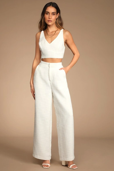 Shop Lulus Chic And Sophisticated Ivory Tweed Wide-leg Pants