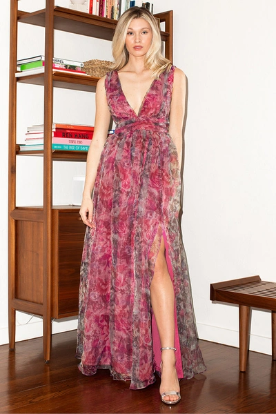 Lulus Garden Romance Magenta Floral Print Organza Maxi Dress In Magenta