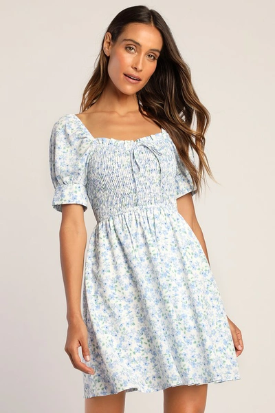 Lulus Romantic Reverie White Floral Puff Sleeve Smocked Mini Dress