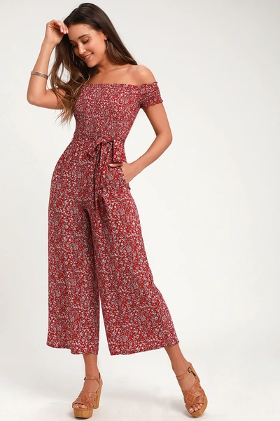 Shop Lulus Behold Red Floral Print Off-the-shoulder Jumpsuit