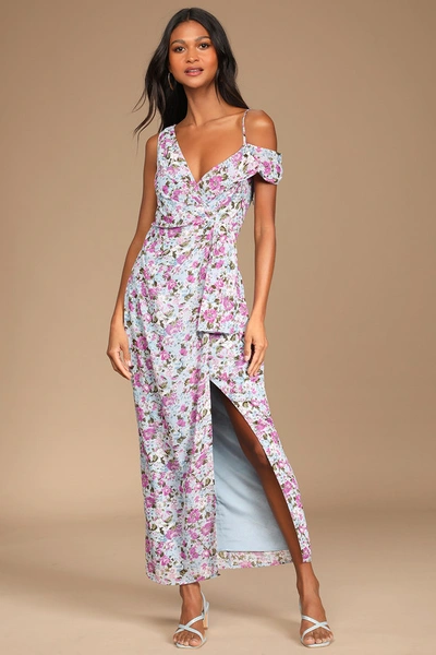 Shop Lulus With A Flourish Blue Floral Print Off-the-shoulder Maxi Dress