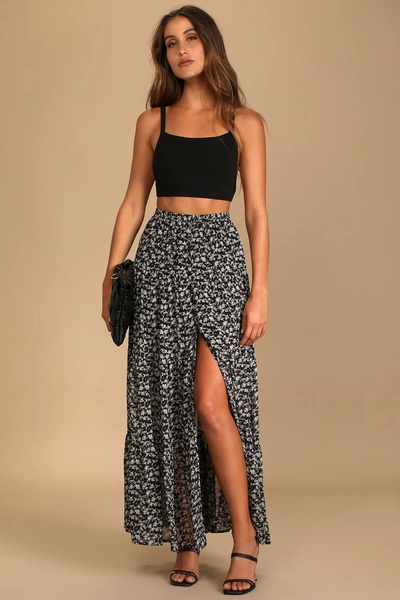 Lulus Subtle Sweetness Black Floral Print Tiered Maxi Skirt In Black