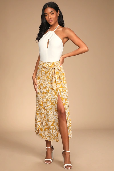 Shop Lulus Ocean Breezes Mustard Yellow Tropical Print Faux-wrap Midi Skirt