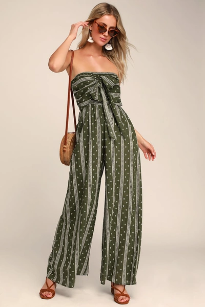 Lulus Raine Olive Green Print Strapless Jumpsuit In Olive Green