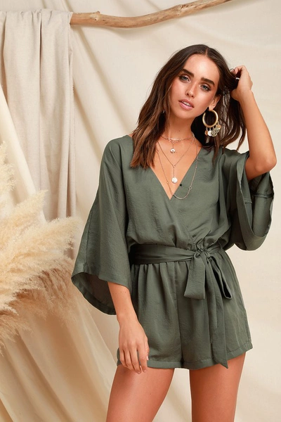 Lulus Ain't It Grand Olive Green Satin Surplice Romper | ModeSens