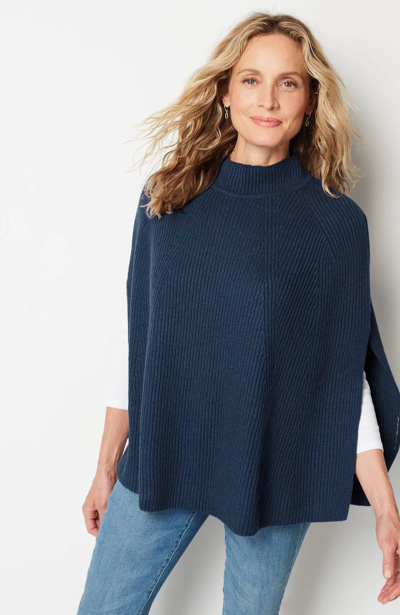 Jjill J.jill Textured Mock-neck Sweater-knit Cape Poncho In Ink Blue
