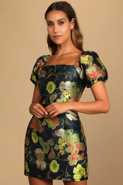 Lulus So Stunning Navy Blue Floral Jacquard Puff Sleeve Mini Dress In Navy Blue